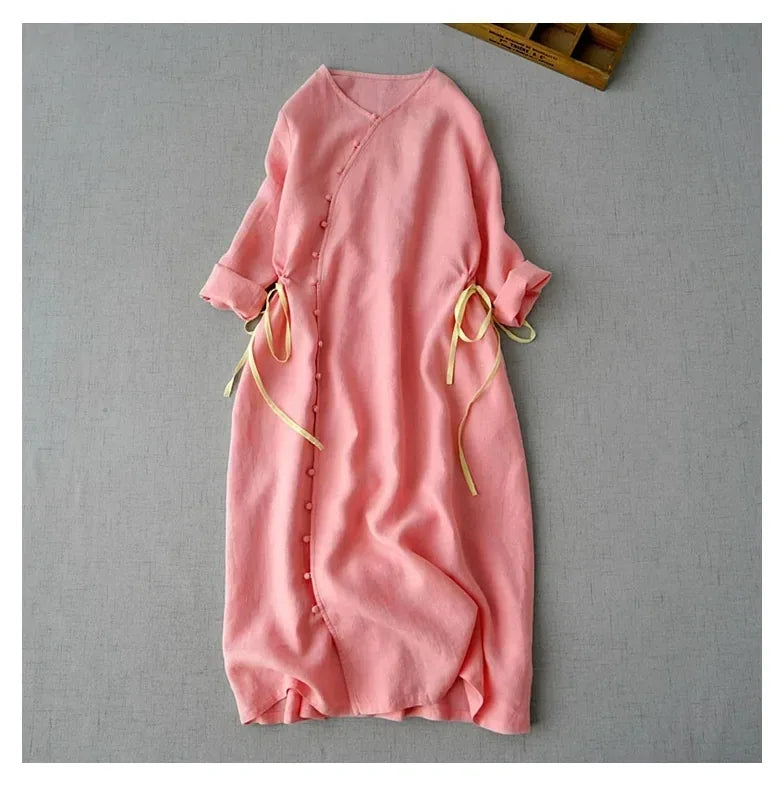 Cotton Linen Three Quarter Sleeve Dress with Asymmetrical Placket - product image 7 - unknown