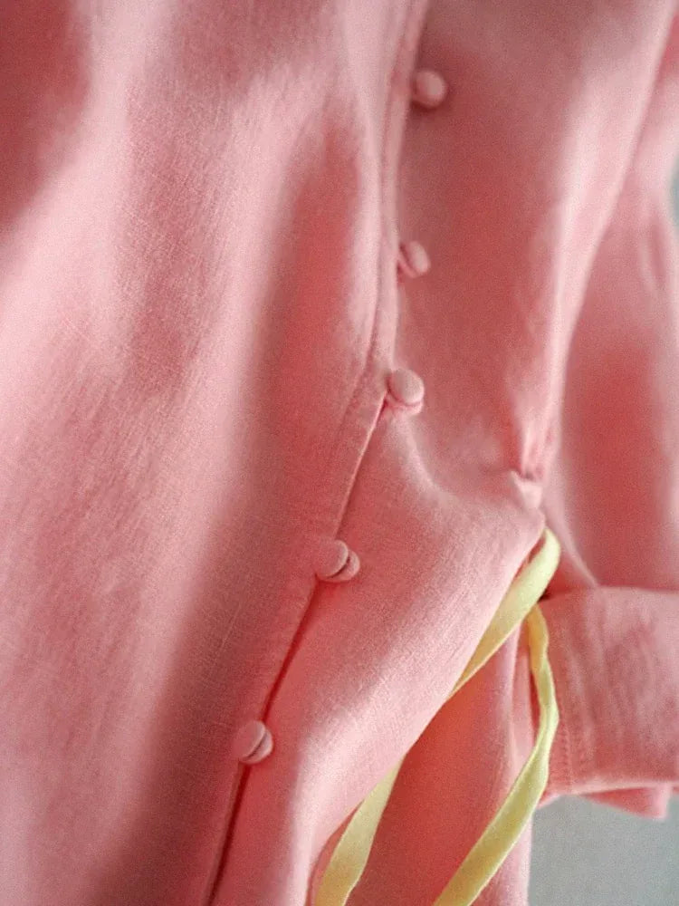 Cotton Linen Three Quarter Sleeve Dress with Asymmetrical Placket - product image 9 - unknown