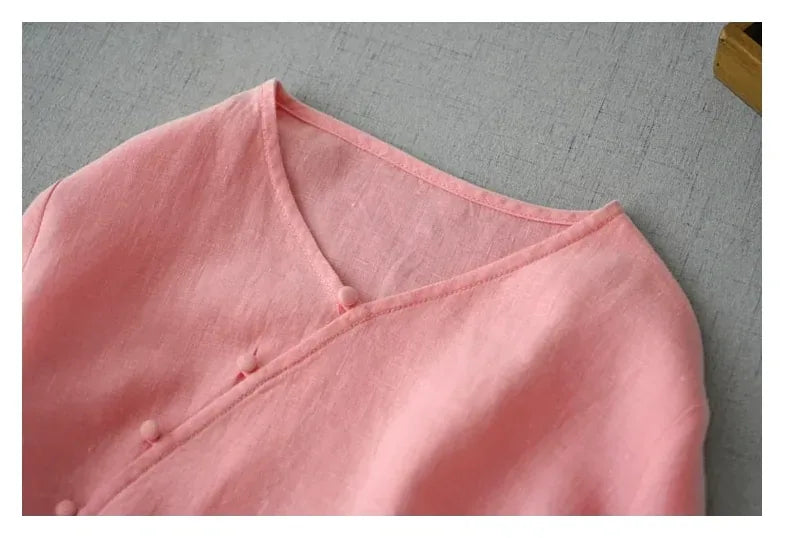 Cotton Linen Three Quarter Sleeve Dress with Asymmetrical Placket - product image 11 - unknown