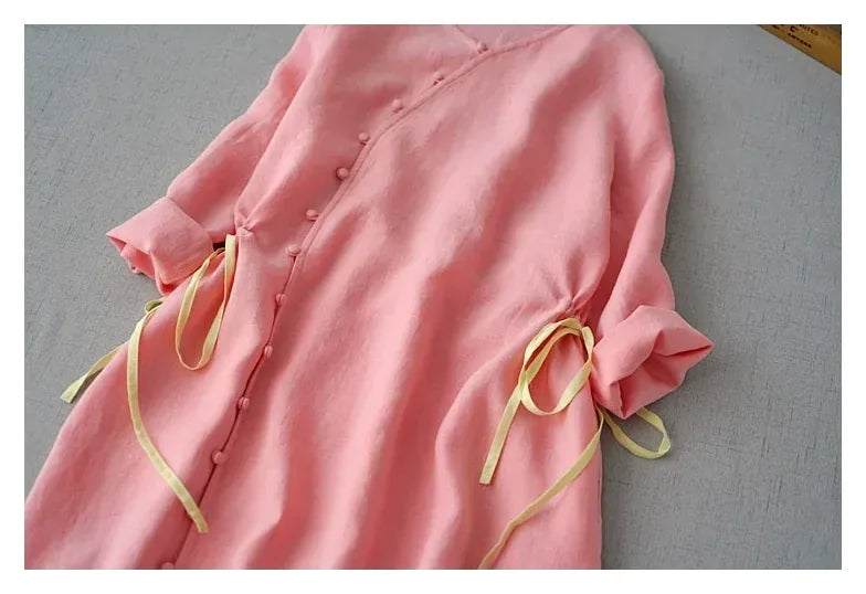 Cotton Linen Three Quarter Sleeve Dress with Asymmetrical Placket - product image 12 - unknown