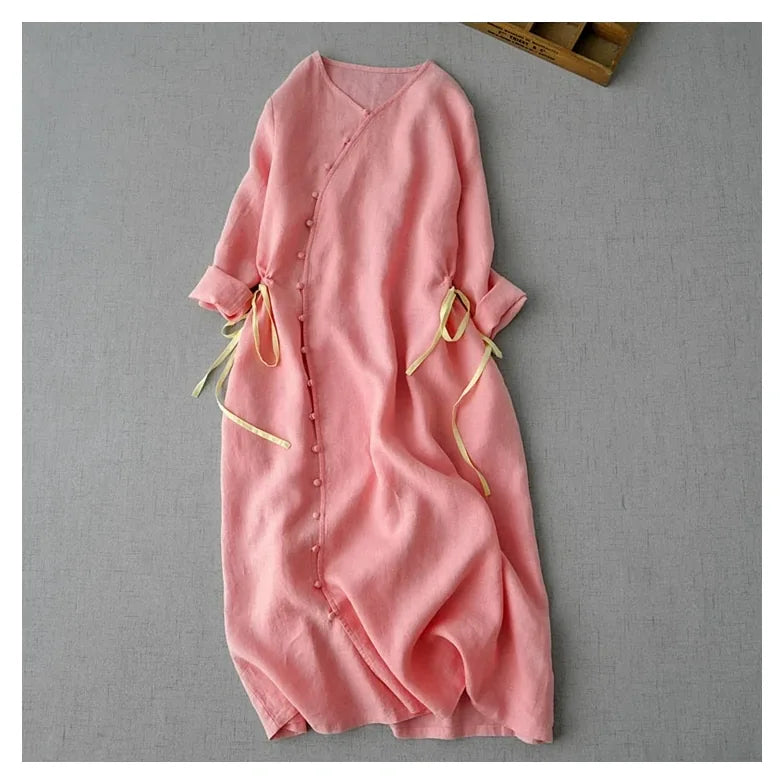 Cotton Linen Three Quarter Sleeve Dress with Asymmetrical Placket - detail view