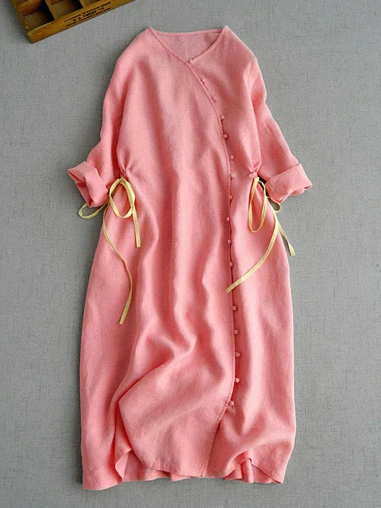 Cotton Linen Three Quarter Sleeve Dress with Asymmetrical Placket - product view view