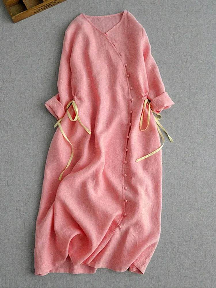 Cotton Linen Three Quarter Sleeve Dress with Asymmetrical Placket - product view view