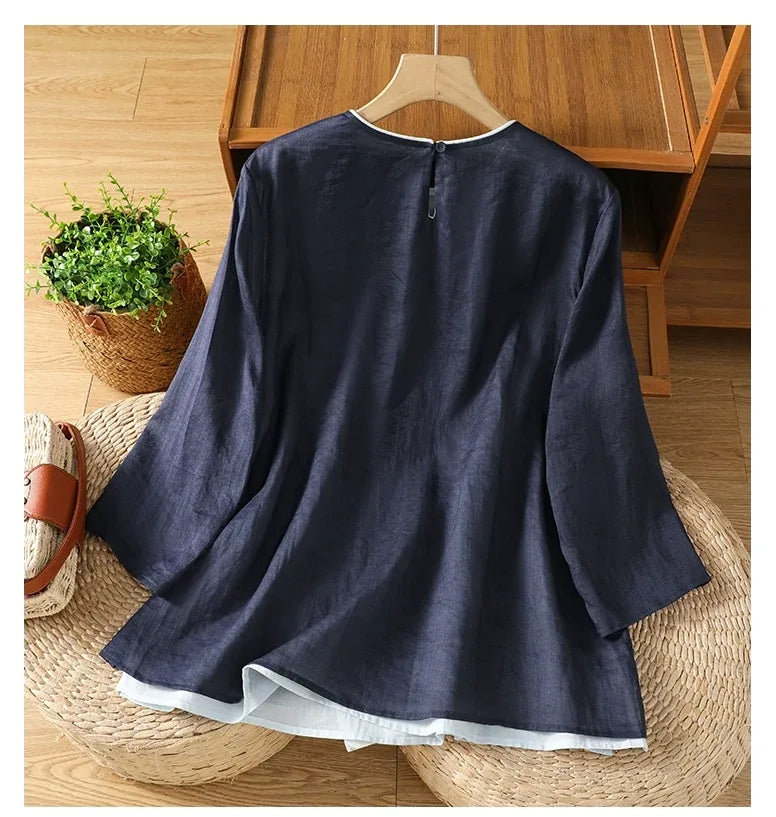 Cotton Linen Three Quarter Sleeve Shirt with Contrast Trim - detail view
