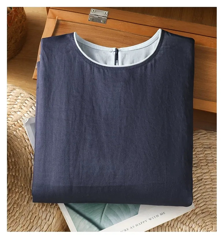 Cotton Linen Three Quarter Sleeve Shirt with Contrast Trim - detail view