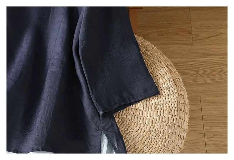 Cotton Linen Three Quarter Sleeve Shirt with Contrast Trim - detail view