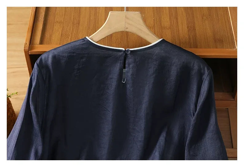 Cotton Linen Three Quarter Sleeve Shirt with Contrast Trim - detail view