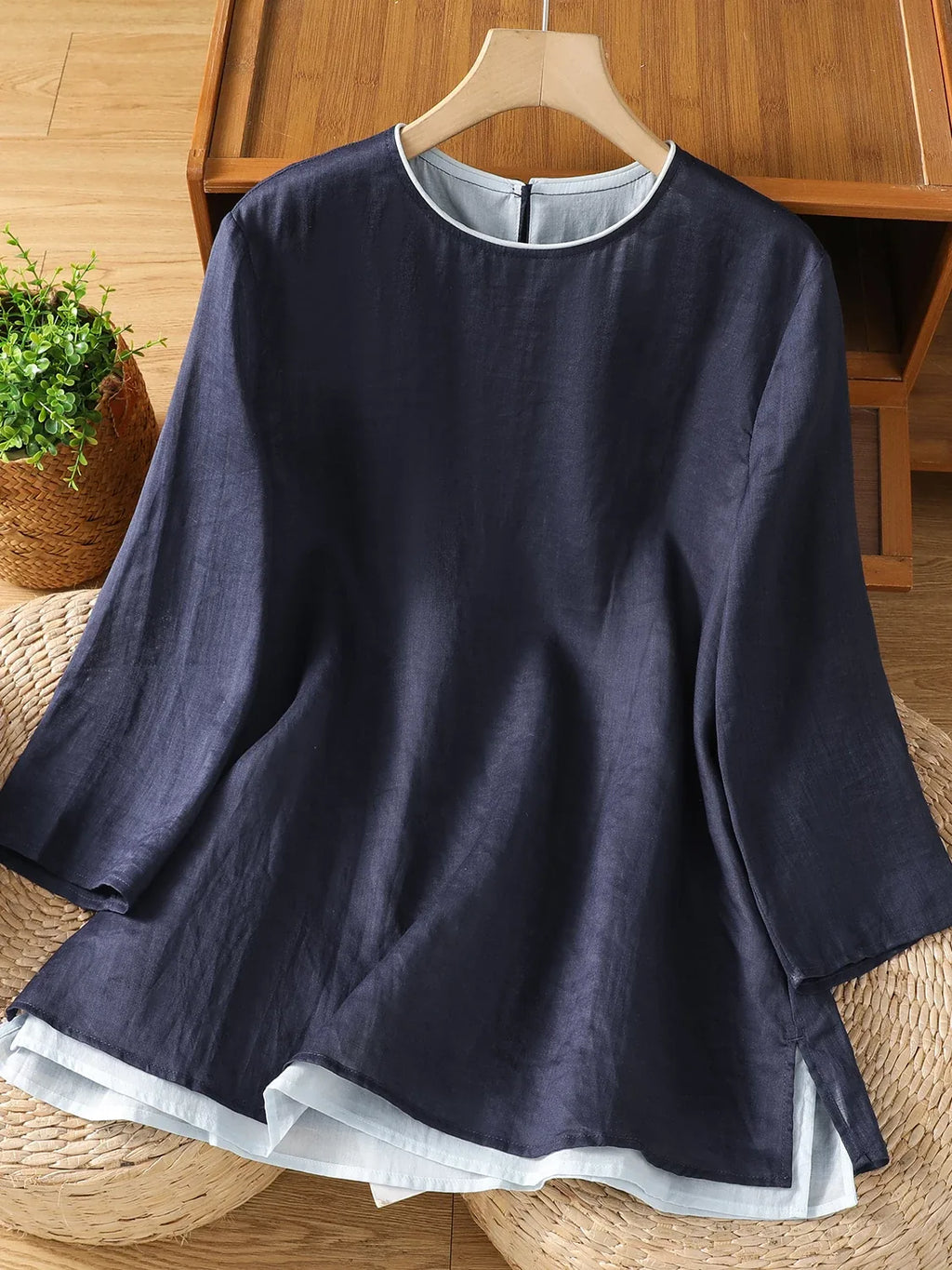 Cotton Linen Three Quarter Sleeve Shirt with Contrast Trim - main product image