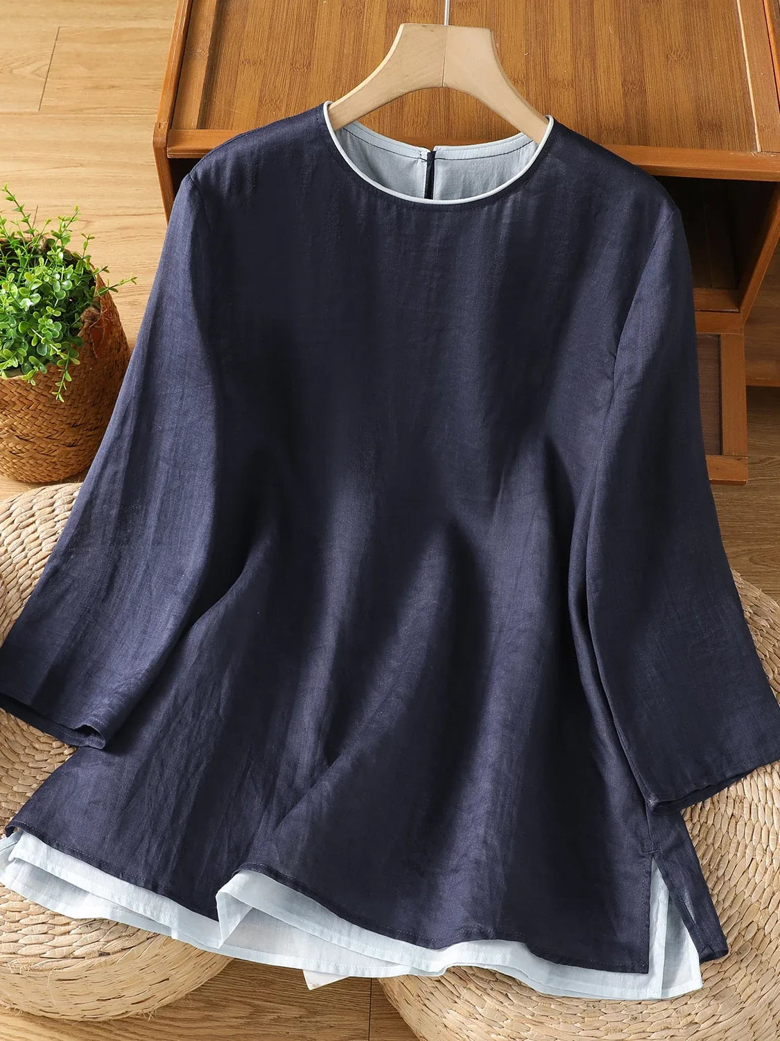 Cotton Linen Three Quarter Sleeve Shirt with Contrast Trim - main product image