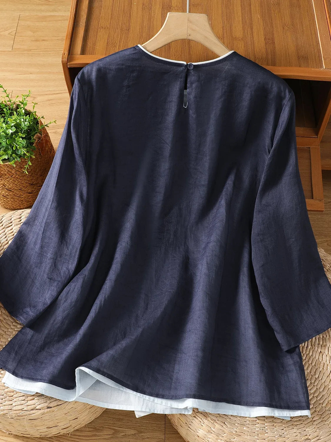 Cotton Linen Three Quarter Sleeve Shirt with Contrast Trim - product view view
