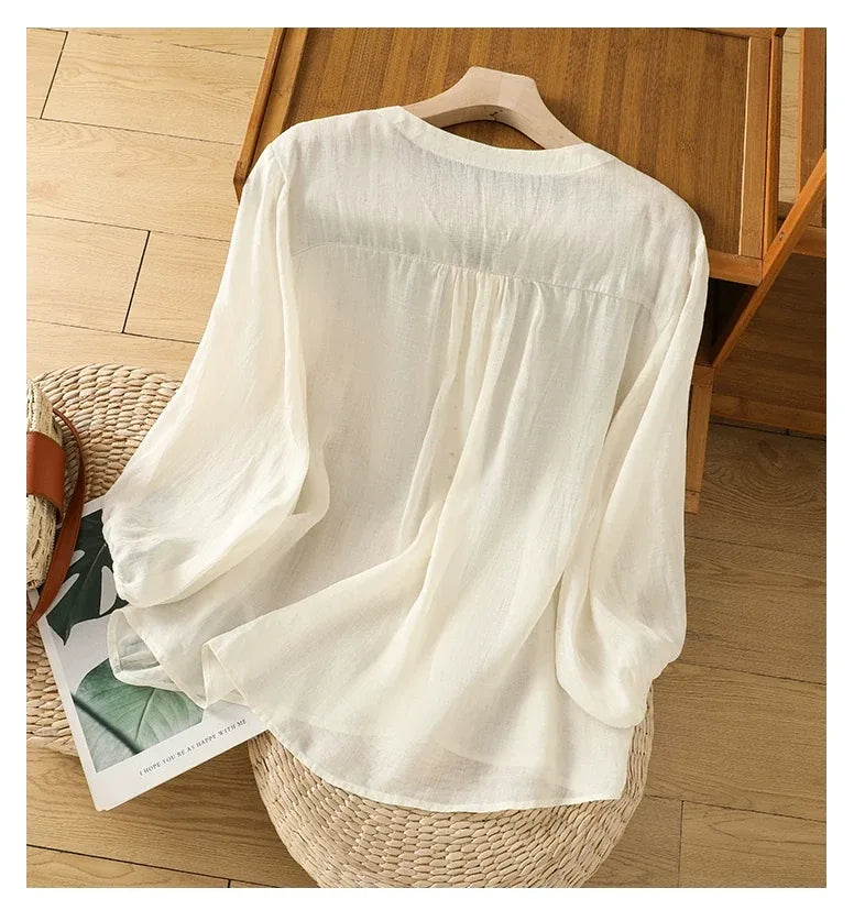 Cotton Linen V-Neck Long Sleeve Shirt with Lantern Sleeves - detail view