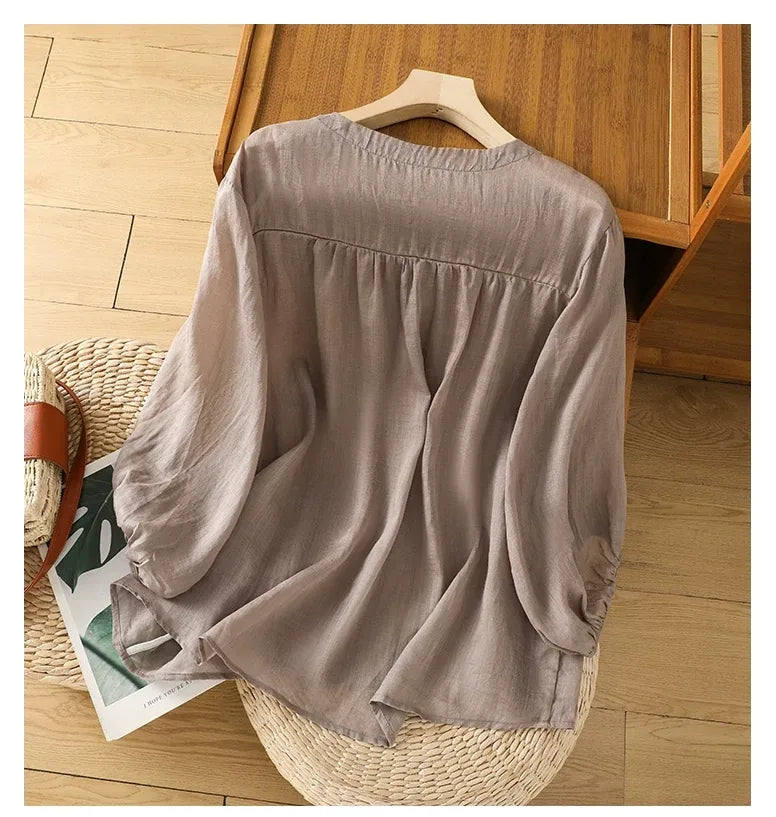 Cotton Linen V-Neck Long Sleeve Shirt with Lantern Sleeves - detail view