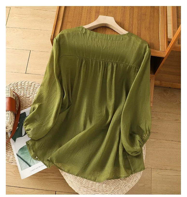 Cotton Linen V-Neck Long Sleeve Shirt with Lantern Sleeves - detail view