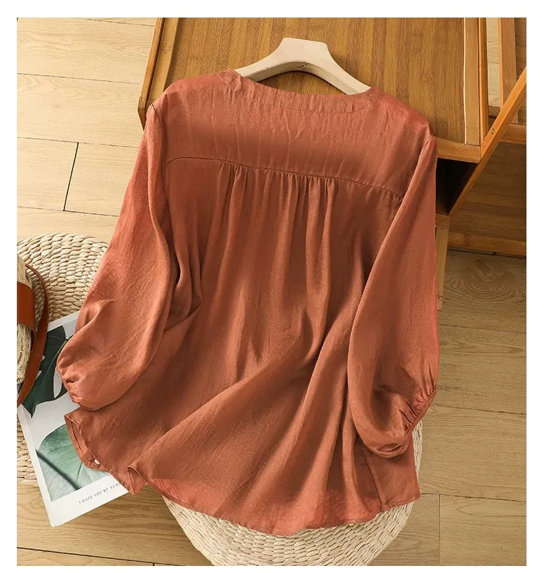 Cotton Linen V-Neck Long Sleeve Shirt with Lantern Sleeves - detail view