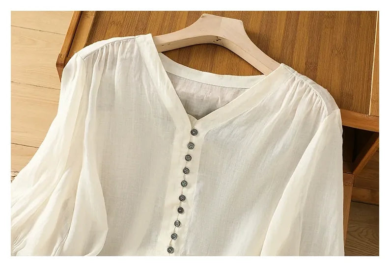 Cotton Linen V-Neck Long Sleeve Shirt with Lantern Sleeves - detail view