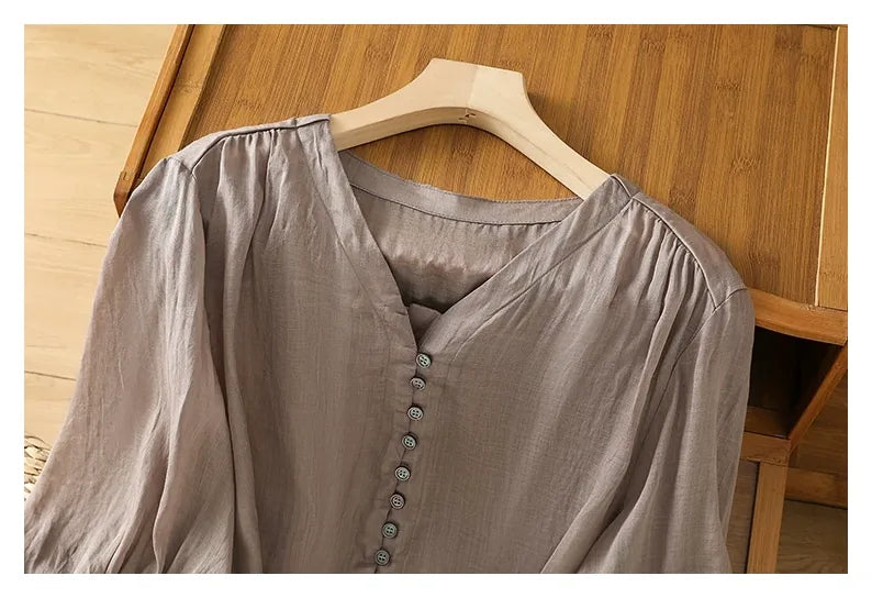 Cotton Linen V-Neck Long Sleeve Shirt with Lantern Sleeves - detail view
