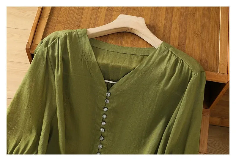 Cotton Linen V-Neck Long Sleeve Shirt with Lantern Sleeves - detail view