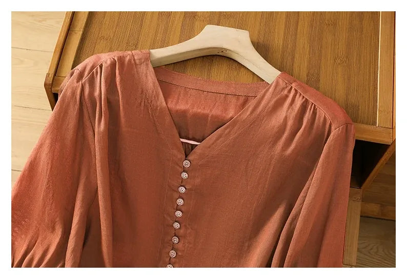 Cotton Linen V-Neck Long Sleeve Shirt with Lantern Sleeves - detail view