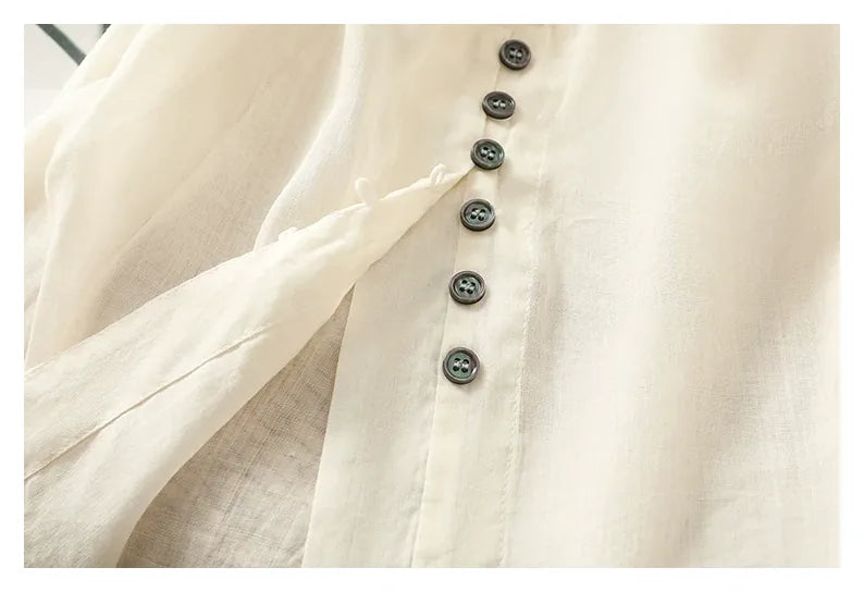 Cotton Linen V-Neck Long Sleeve Shirt with Lantern Sleeves - detail view