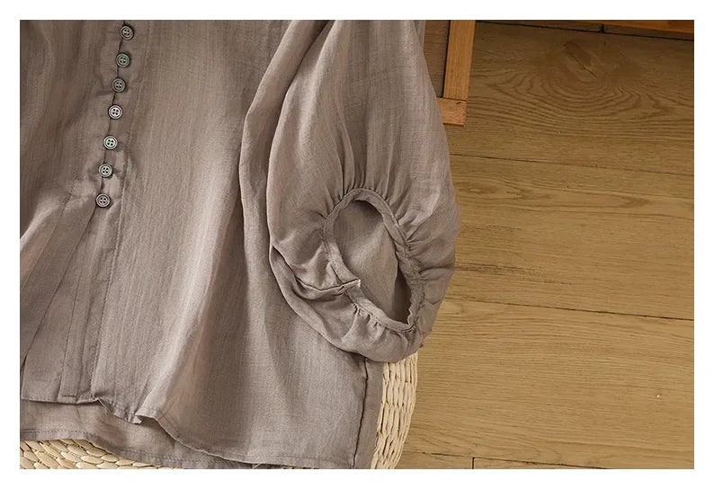 Cotton Linen V-Neck Long Sleeve Shirt with Lantern Sleeves - detail view