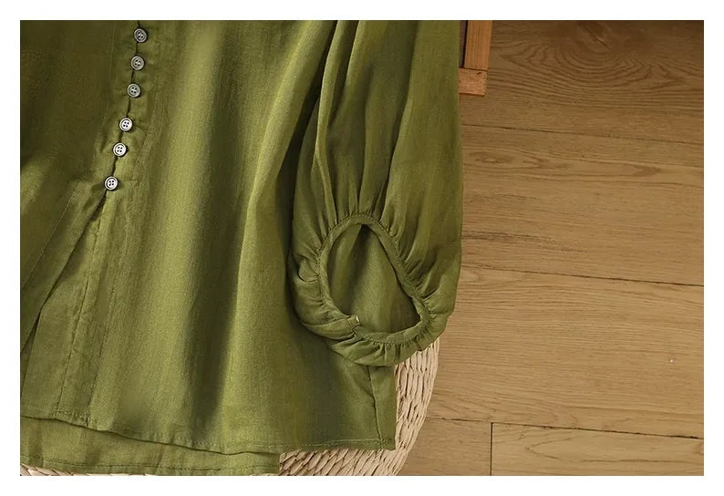 Cotton Linen V-Neck Long Sleeve Shirt with Lantern Sleeves - detail view