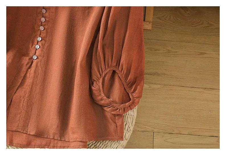 Cotton Linen V-Neck Long Sleeve Shirt with Lantern Sleeves - detail view