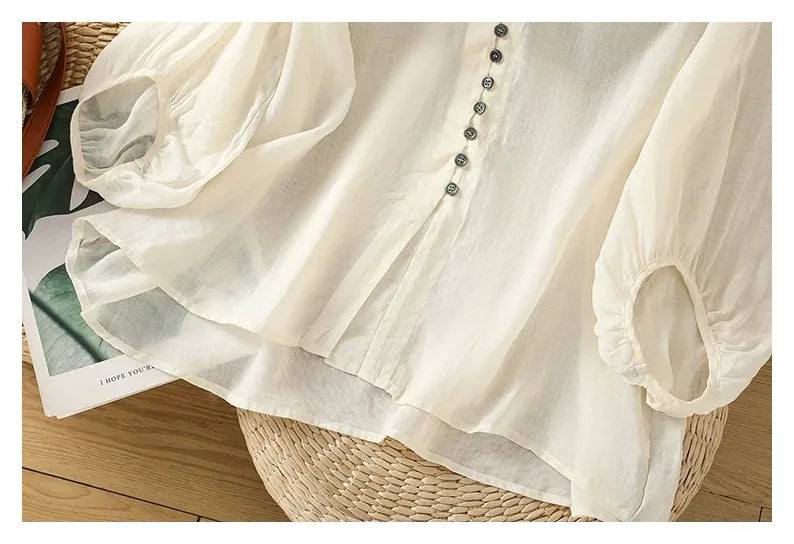 Cotton Linen V-Neck Long Sleeve Shirt with Lantern Sleeves - detail view