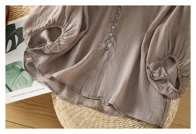 Cotton Linen V-Neck Long Sleeve Shirt with Lantern Sleeves - detail view