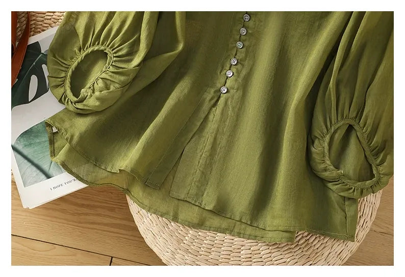 Cotton Linen V-Neck Long Sleeve Shirt with Lantern Sleeves - detail view