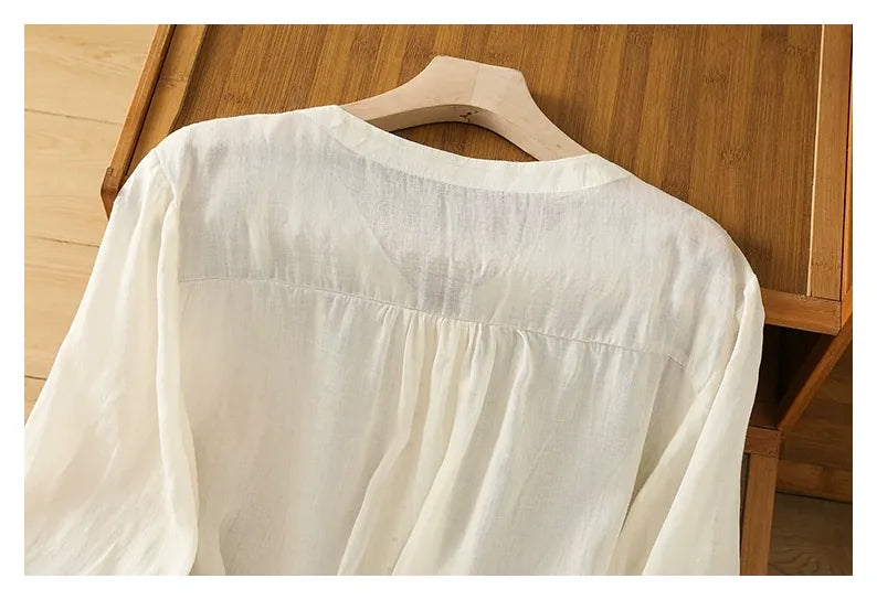 Cotton Linen V-Neck Long Sleeve Shirt with Lantern Sleeves - detail view