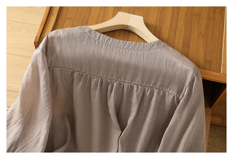 Cotton Linen V-Neck Long Sleeve Shirt with Lantern Sleeves - detail view
