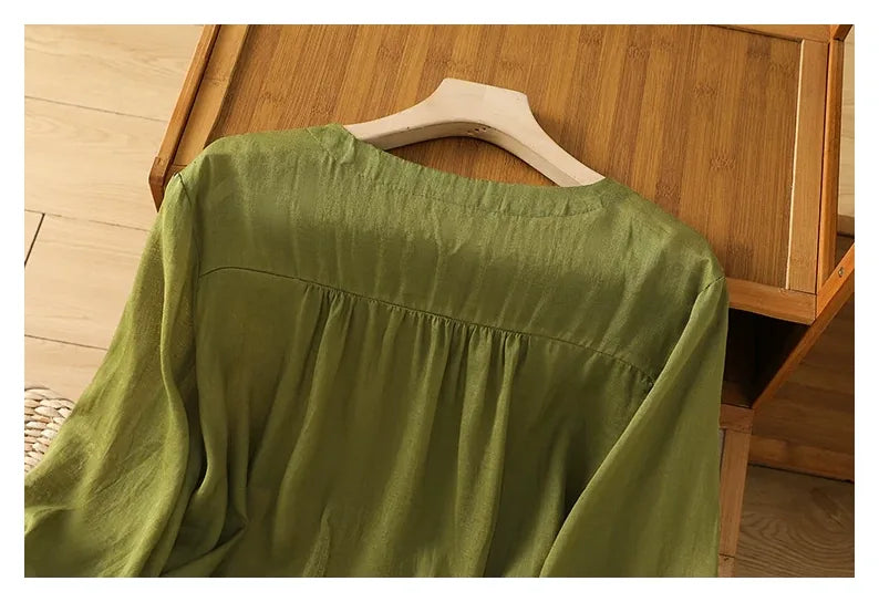 Cotton Linen V-Neck Long Sleeve Shirt with Lantern Sleeves - detail view