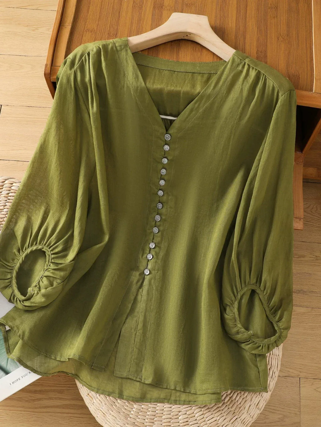 Cotton Linen V-Neck Long Sleeve Shirt with Lantern Sleeves - main product image