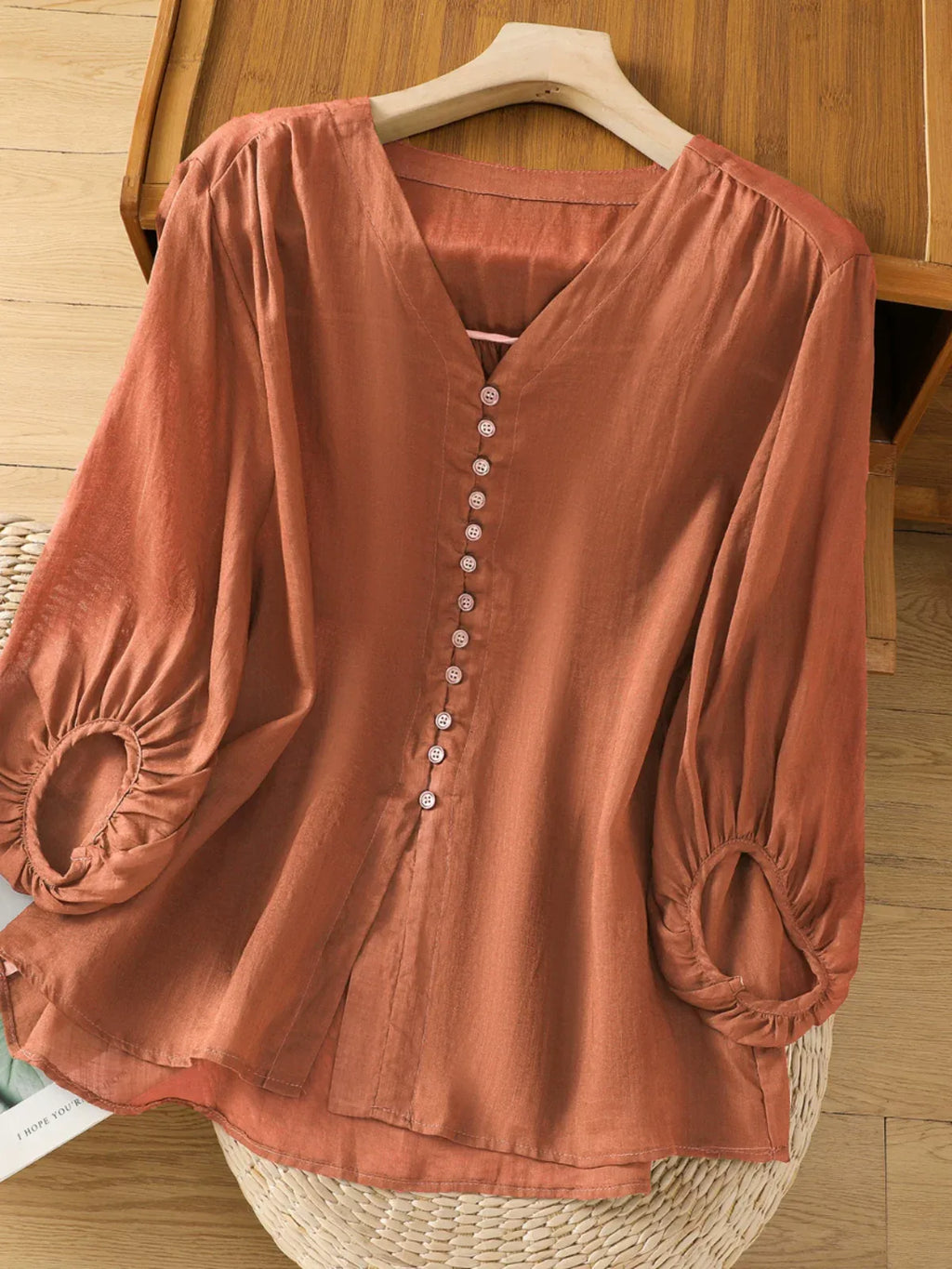 Cotton Linen V-Neck Long Sleeve Shirt with Lantern Sleeves - product view view