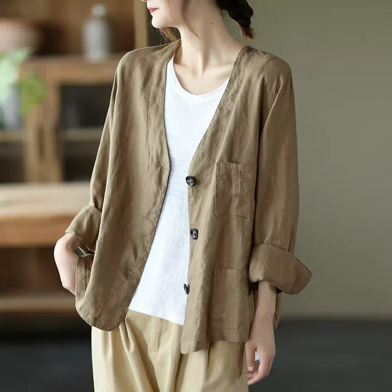 Cotton Linen V-Neck Patch Pocket Button Front Shirt