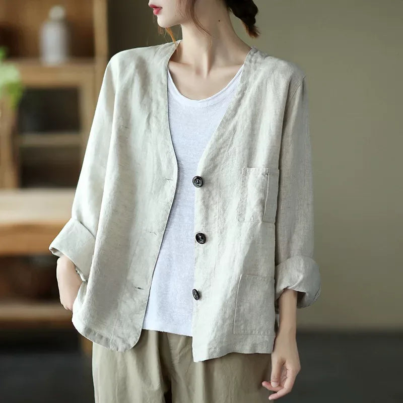 Cotton Linen V-Neck Patch Pocket Button Front Shirt
