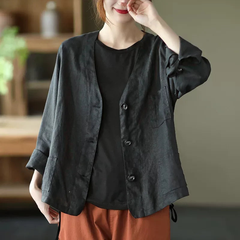 Cotton Linen V-Neck Patch Pocket Button Front Shirt
