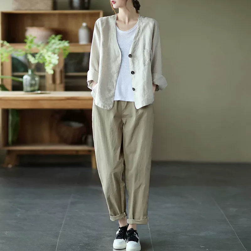 Cotton Linen V-Neck Patch Pocket Button Front Shirt