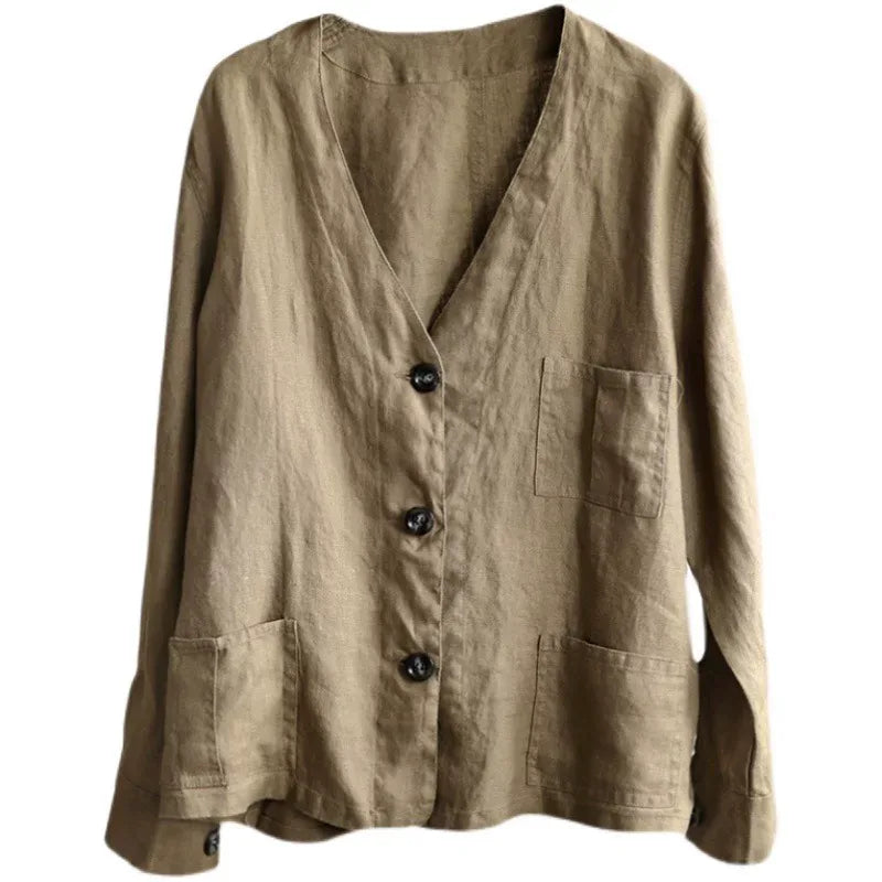Cotton Linen V-Neck Patch Pocket Button Front Shirt