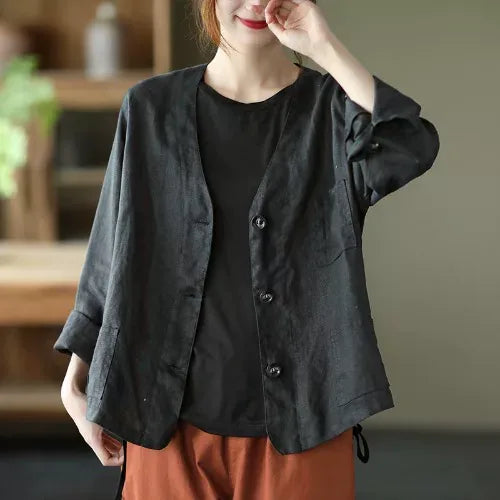 Cotton Linen V-Neck Patch Pocket Button Front Shirt