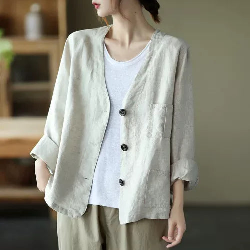 Cotton Linen V-Neck Patch Pocket Button Front Shirt