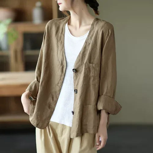Cotton Linen V-Neck Patch Pocket Button Front Shirt