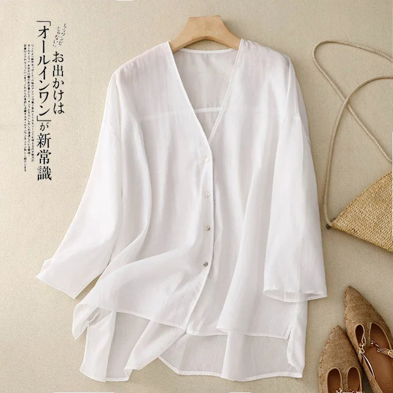 Cotton Linen V-Neck Three Quarter Sleeve Shirt - color option view