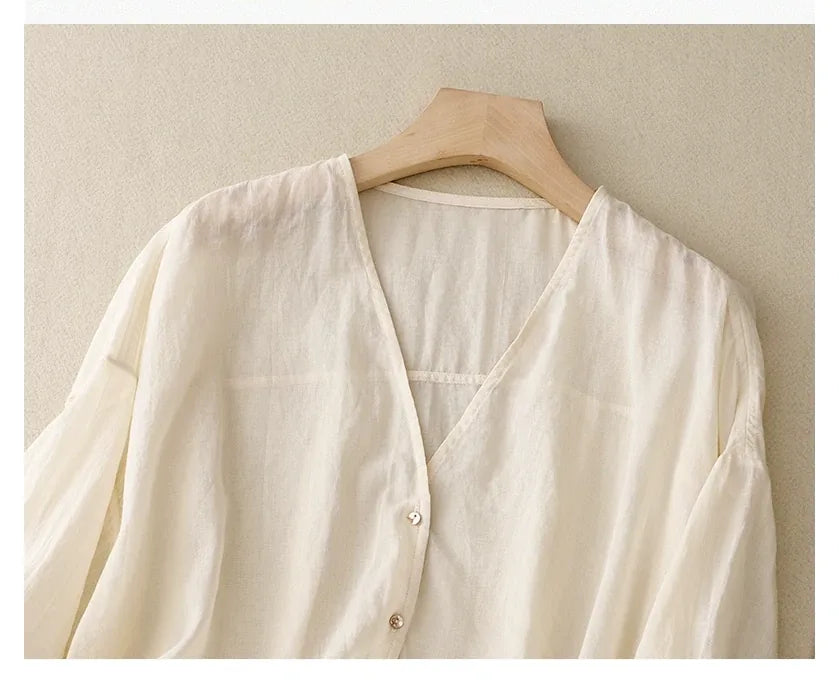 Cotton Linen V-Neck Three Quarter Sleeve Shirt - detail view