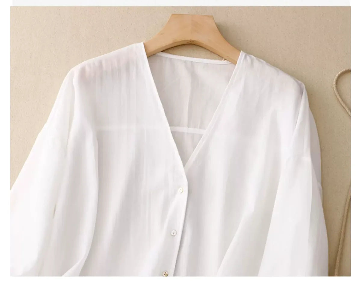Cotton Linen V-Neck Three Quarter Sleeve Shirt - detail view