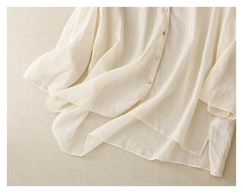 Cotton Linen V-Neck Three Quarter Sleeve Shirt - detail view