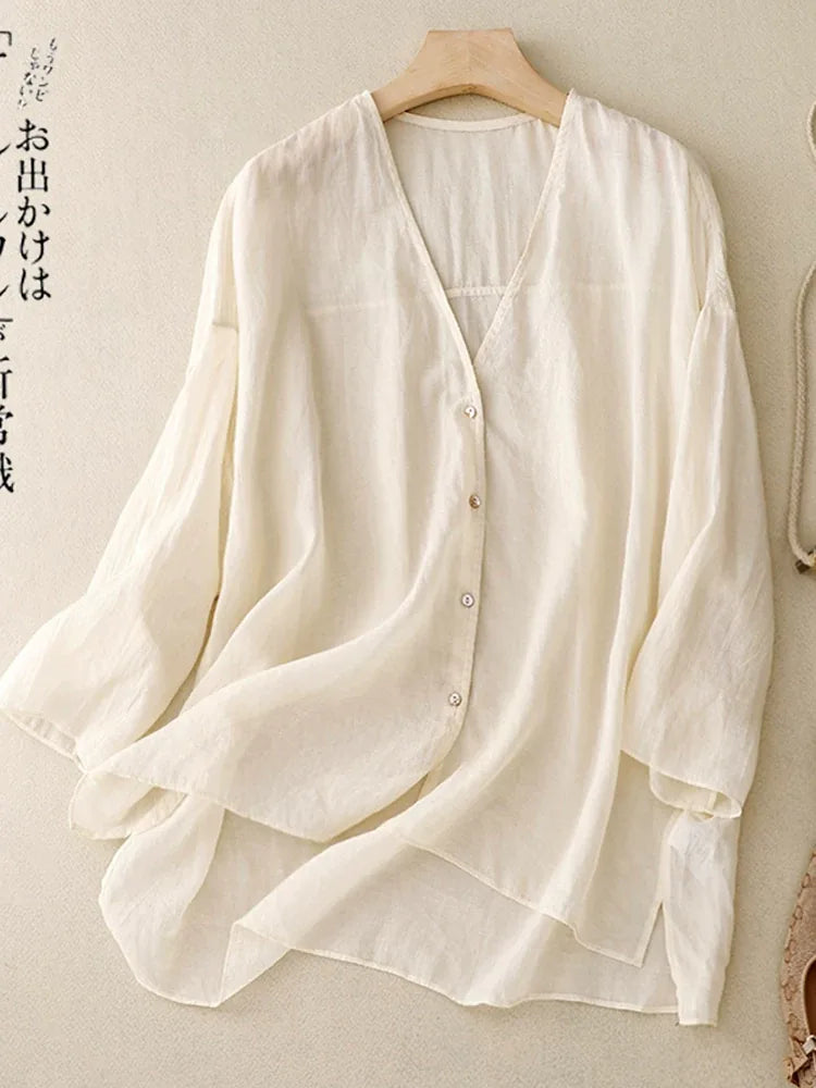 Cotton Linen V-Neck Three Quarter Sleeve Shirt - main product image