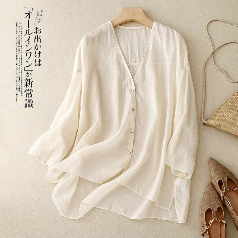 Cotton Linen V-Neck Three Quarter Sleeve Shirt - product view view