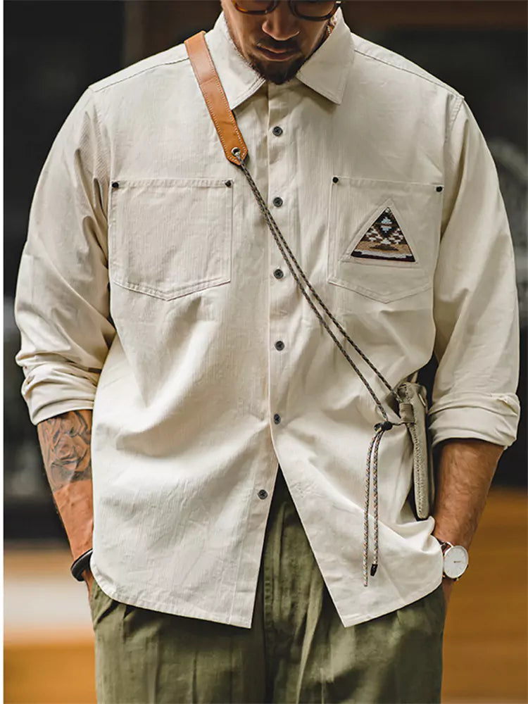 Cotton Off-White Vintage Shirt with Native American Totem Patchwork