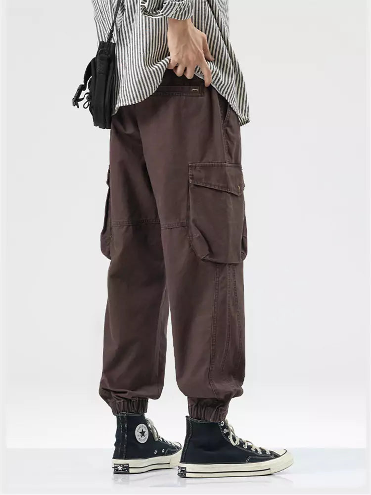 Cotton Vintage Cargo Pants with Large Pockets and Cuffed Hem
